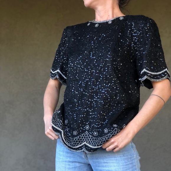 Bling is the New Normal! vintage silk bead& sequin top - Picture 5 of 11